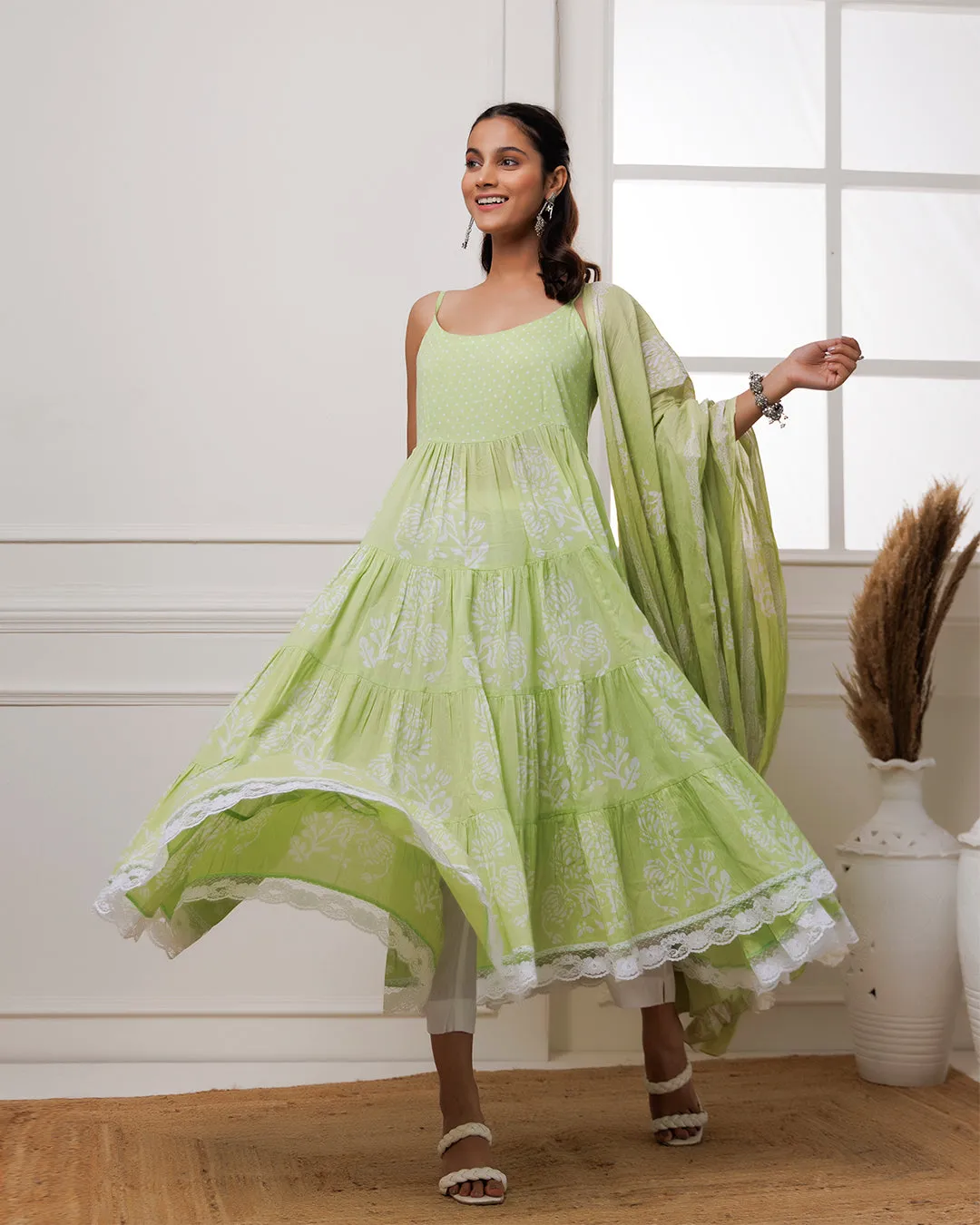 Qala Pista Green Hand Block Printed Anarkali Suit Set