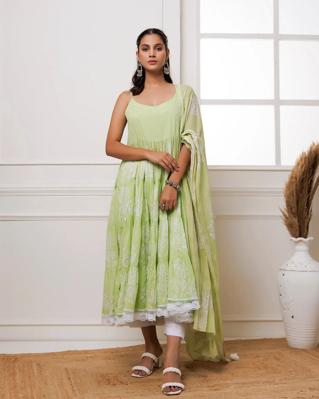 Qala Pista Green Hand Block Printed Anarkali Suit Set