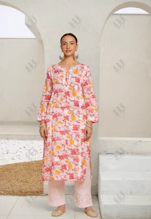 Saba Chikankari Kurta in Mul cotton in Pink Floral