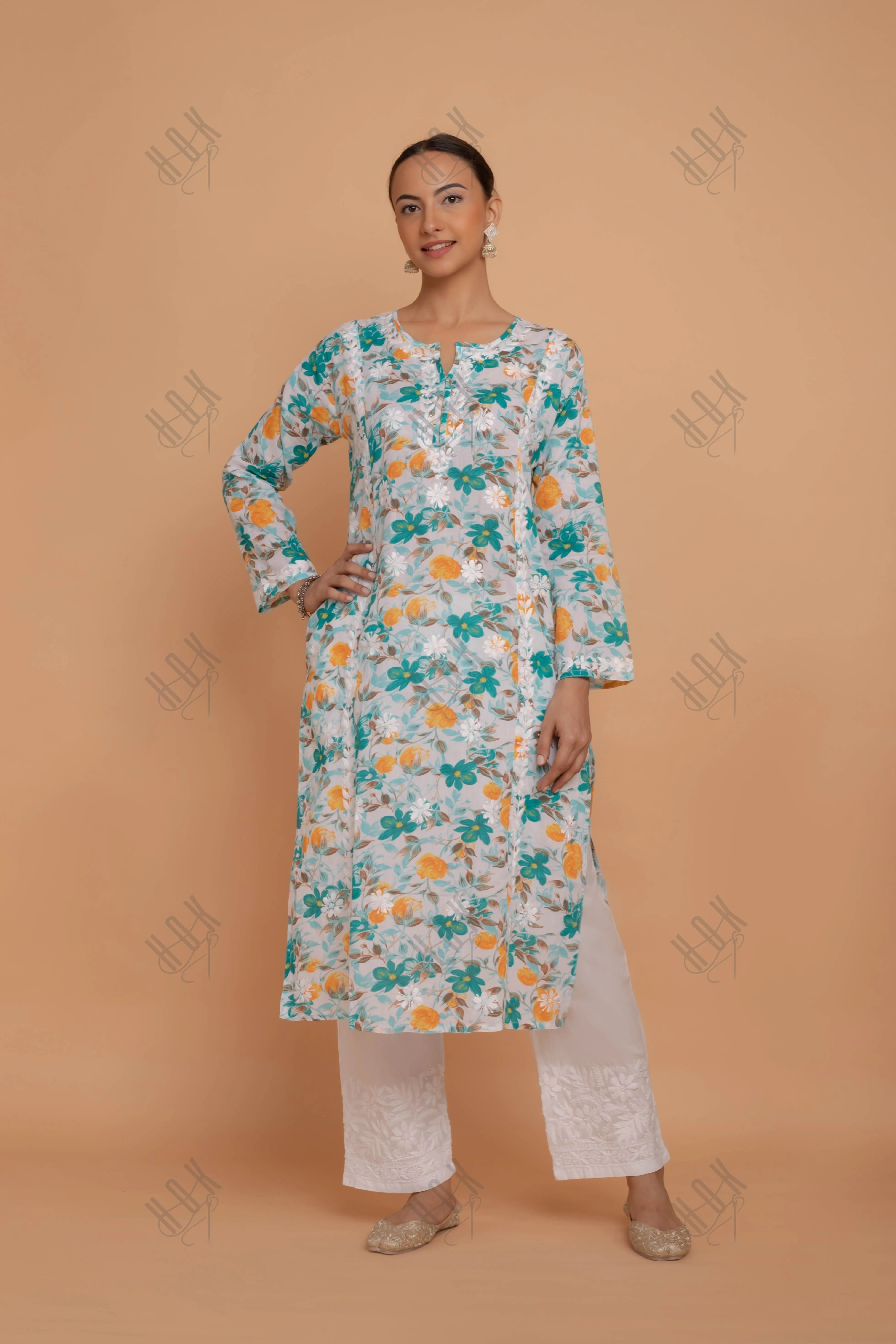 Saba Chikankari Kurta in Mul cotton in Turquoise Floral