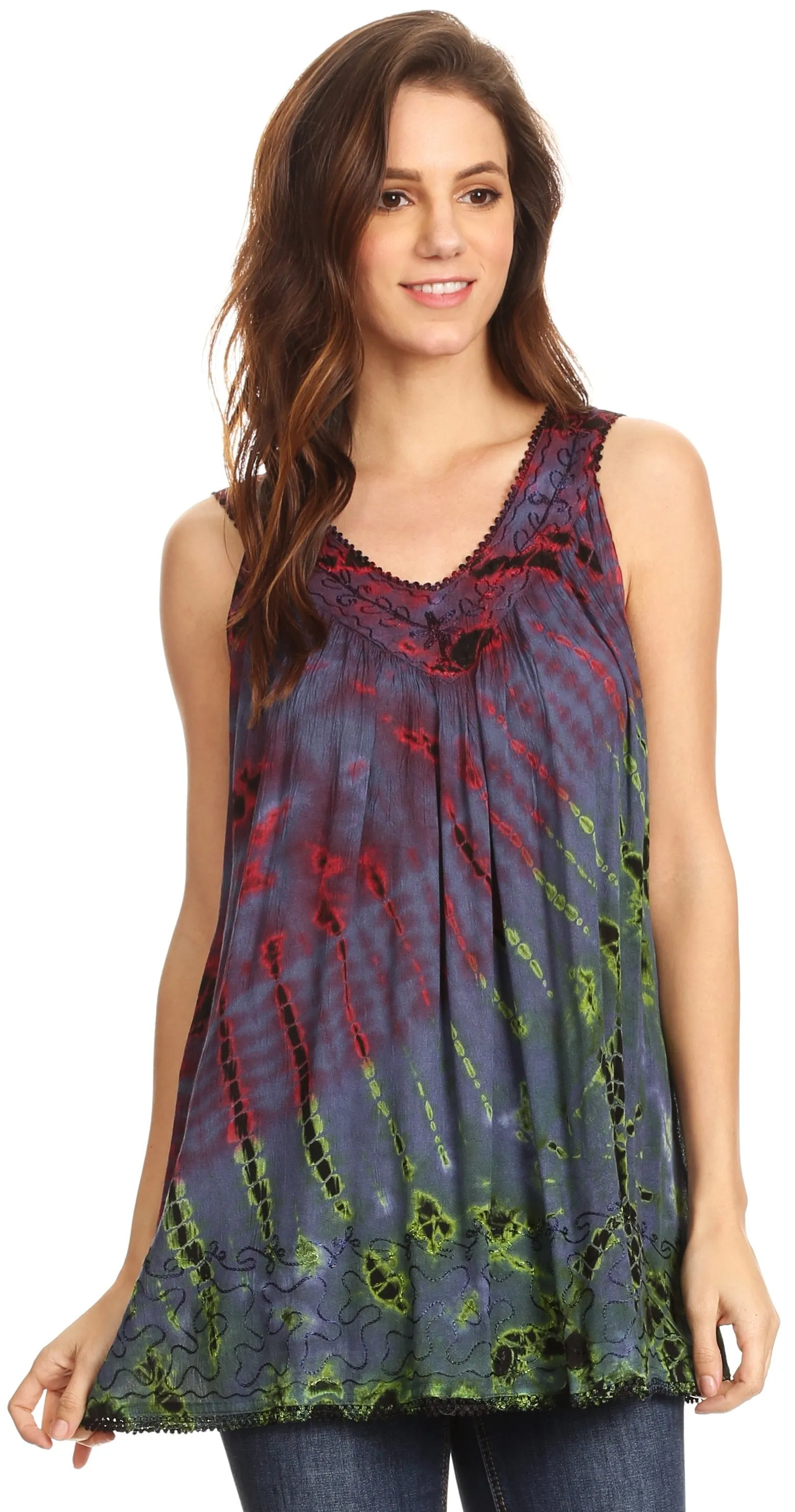 Sakkas Sana Tie Dye Sleeveless Embroidered V-Neck Tank Tunic Top Blouse / Cover Up