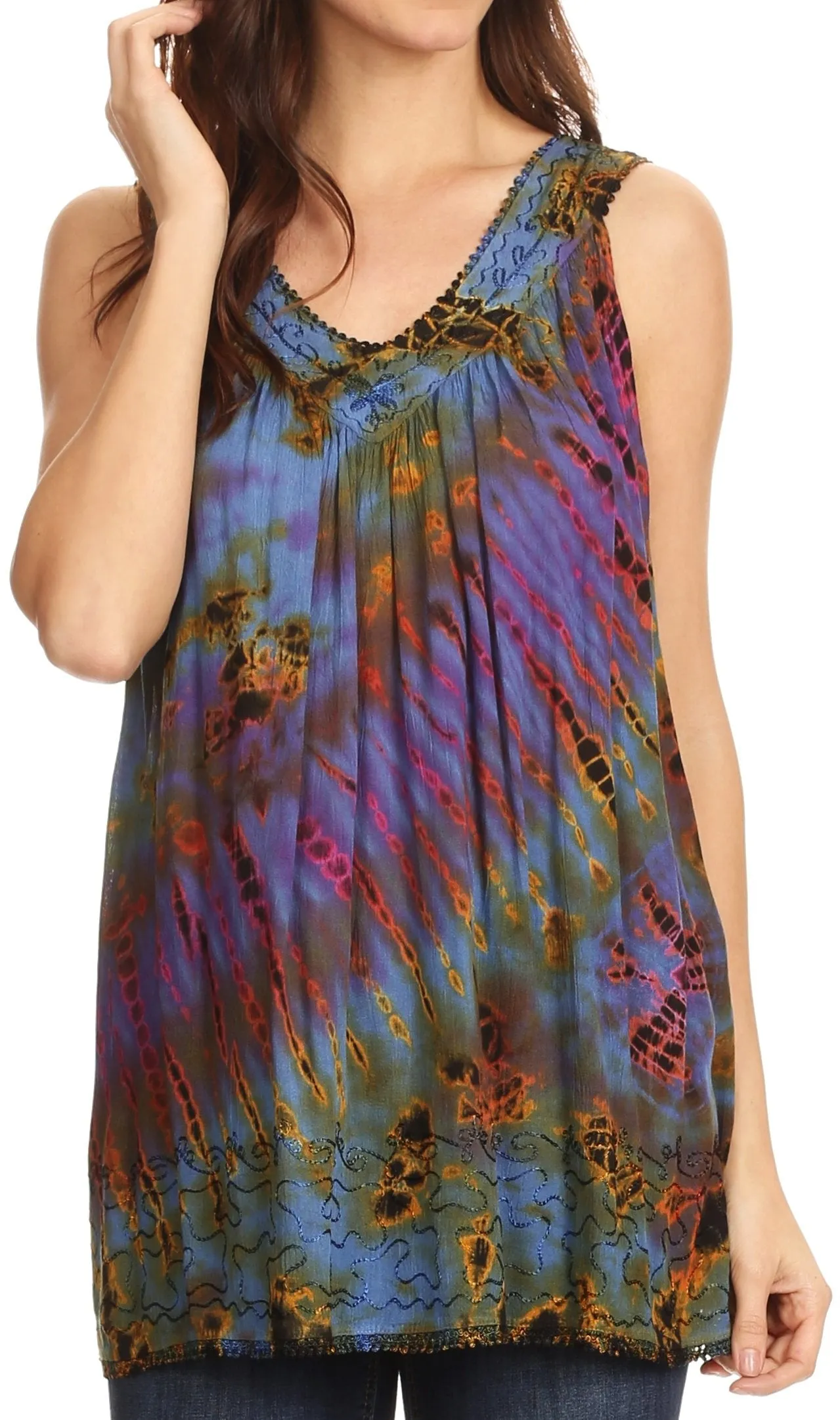 Sakkas Sana Tie Dye Sleeveless Embroidered V-Neck Tank Tunic Top Blouse / Cover Up