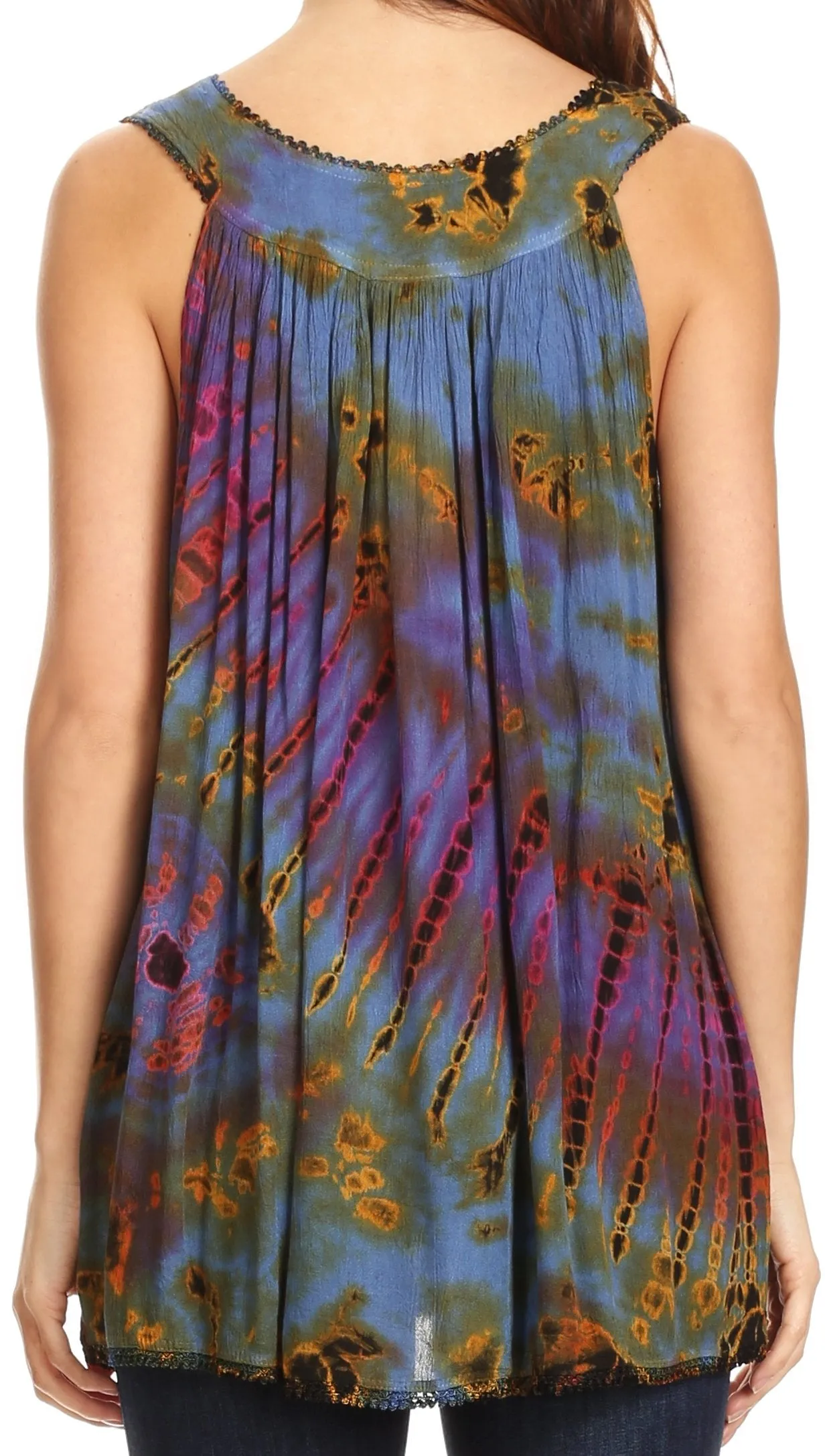 Sakkas Sana Tie Dye Sleeveless Embroidered V-Neck Tank Tunic Top Blouse / Cover Up