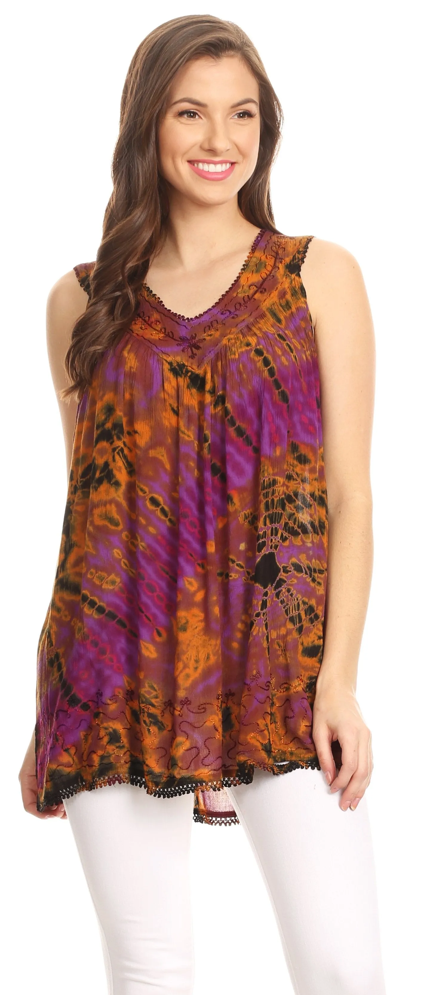 Sakkas Sana Tie Dye Sleeveless Embroidered V-Neck Tank Tunic Top Blouse / Cover Up