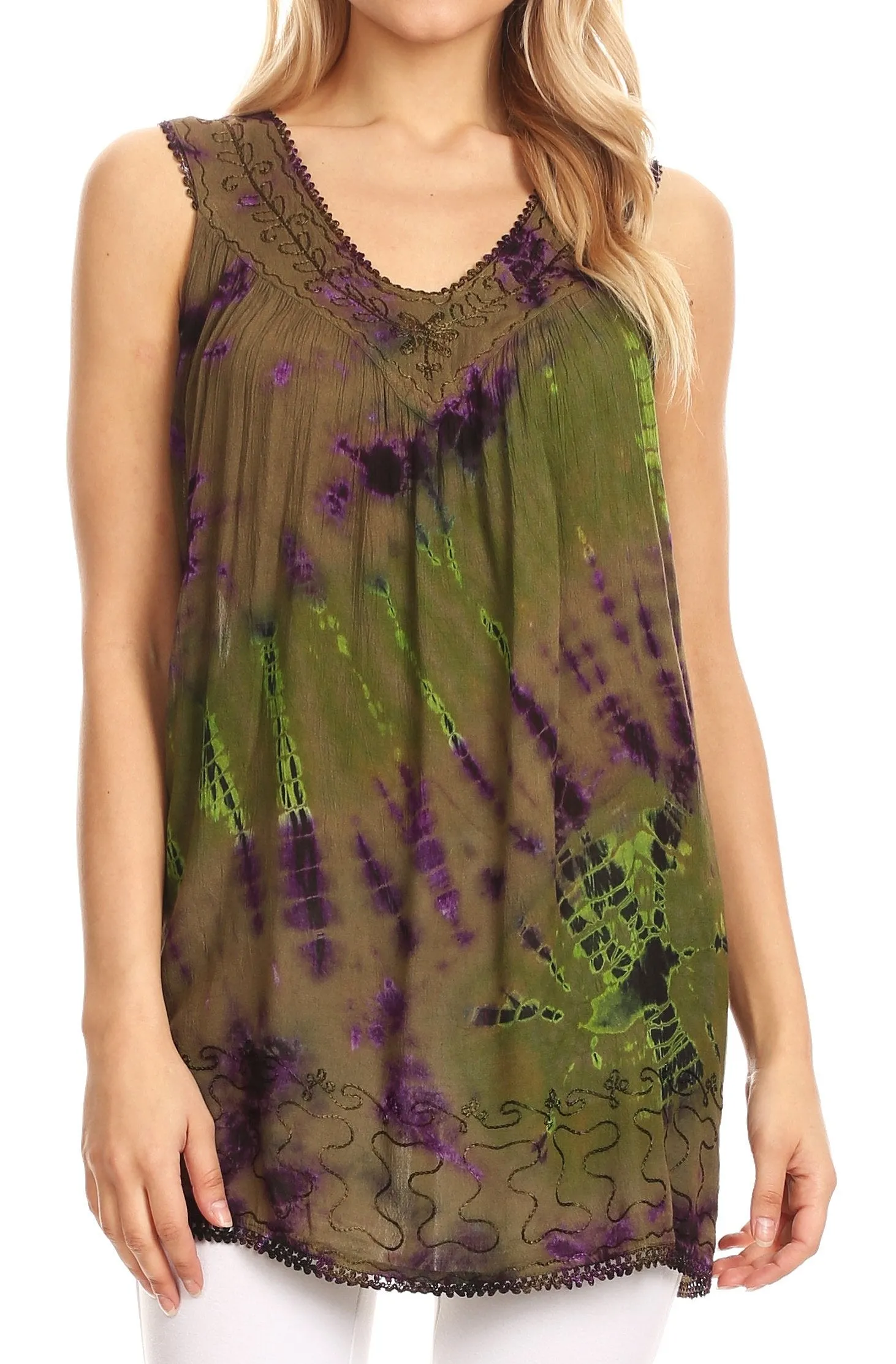 Sakkas Sana Tie Dye Sleeveless Embroidered V-Neck Tank Tunic Top Blouse / Cover Up