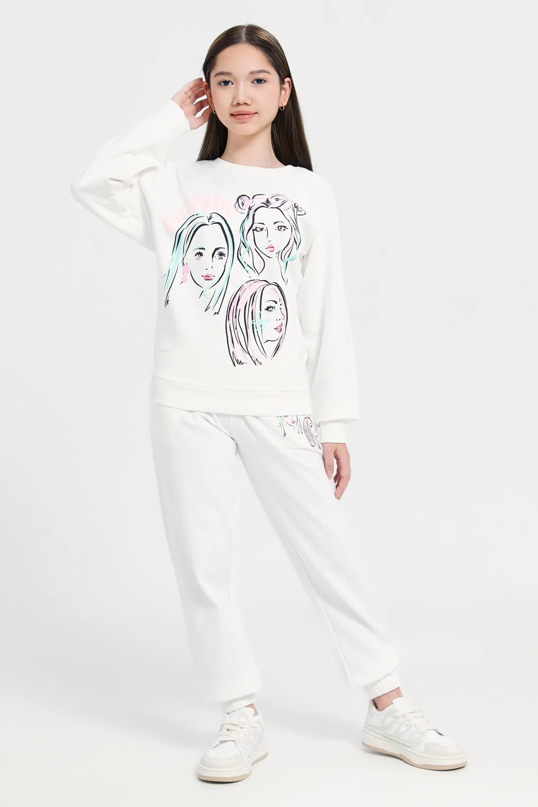 Senior Girls White printed  Sweatshirt