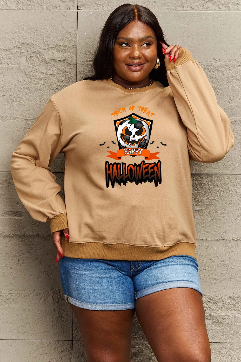 Simply Love Full Size TRICK OR TREAT HAPPY HALLOWEEN Graphic Sweatshirt