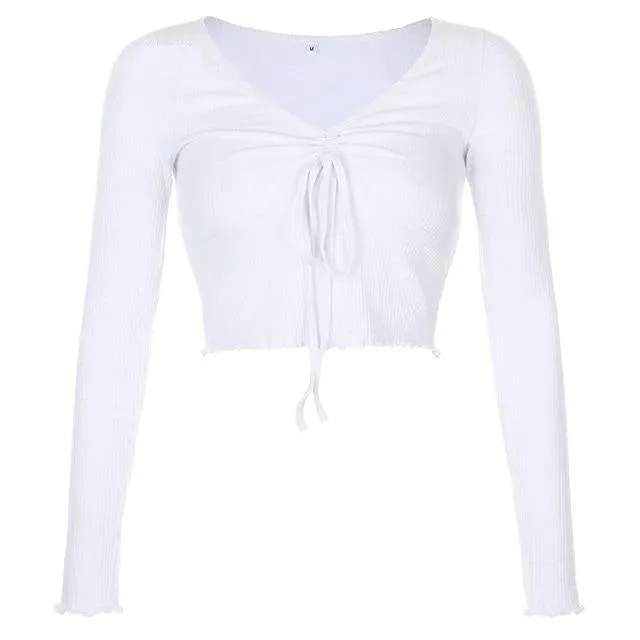 Solid White Ruffles Crop Top Korean Style V-Neck Bandage Ribbed Tops Long Sleeve