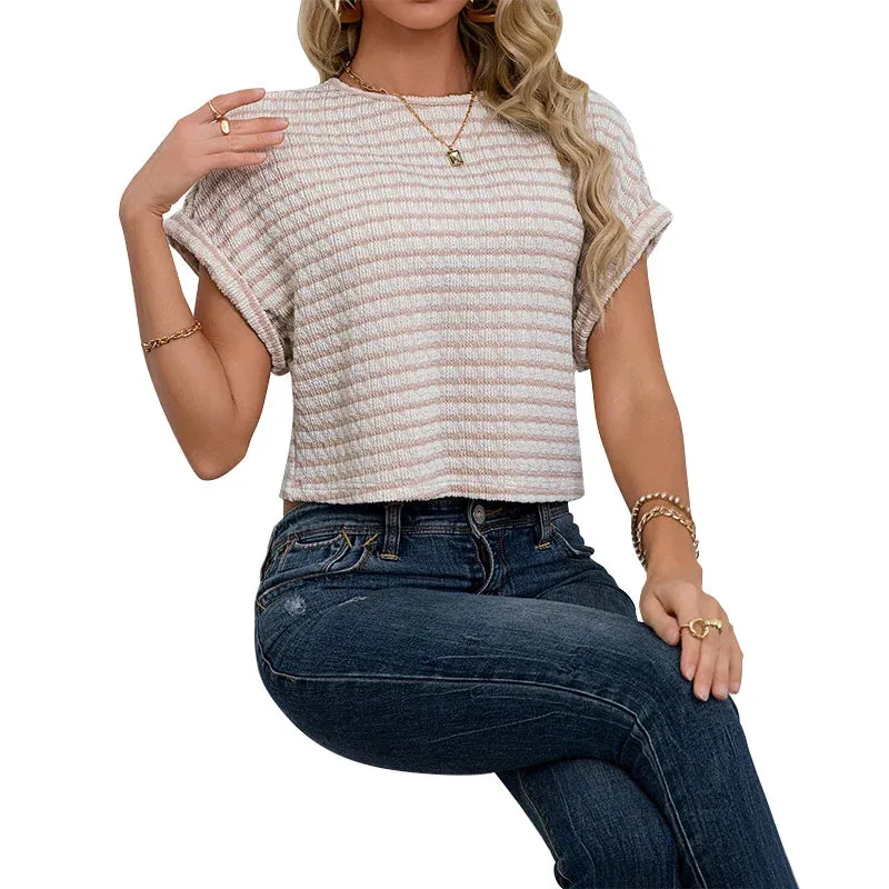 Summer Casual Knit Solid Color Round Neck Striped Hem Sleeve Fashion T-shirt