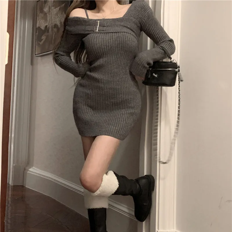 Suspender Paneled Sweater Dress