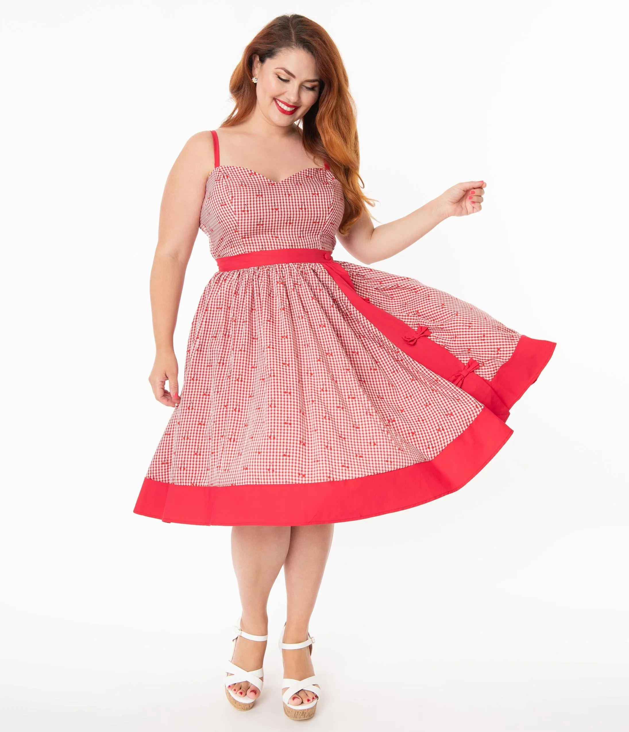 Unique Vintage Plus Size Red Gingham & Cherry Print Rye Swing Skirt