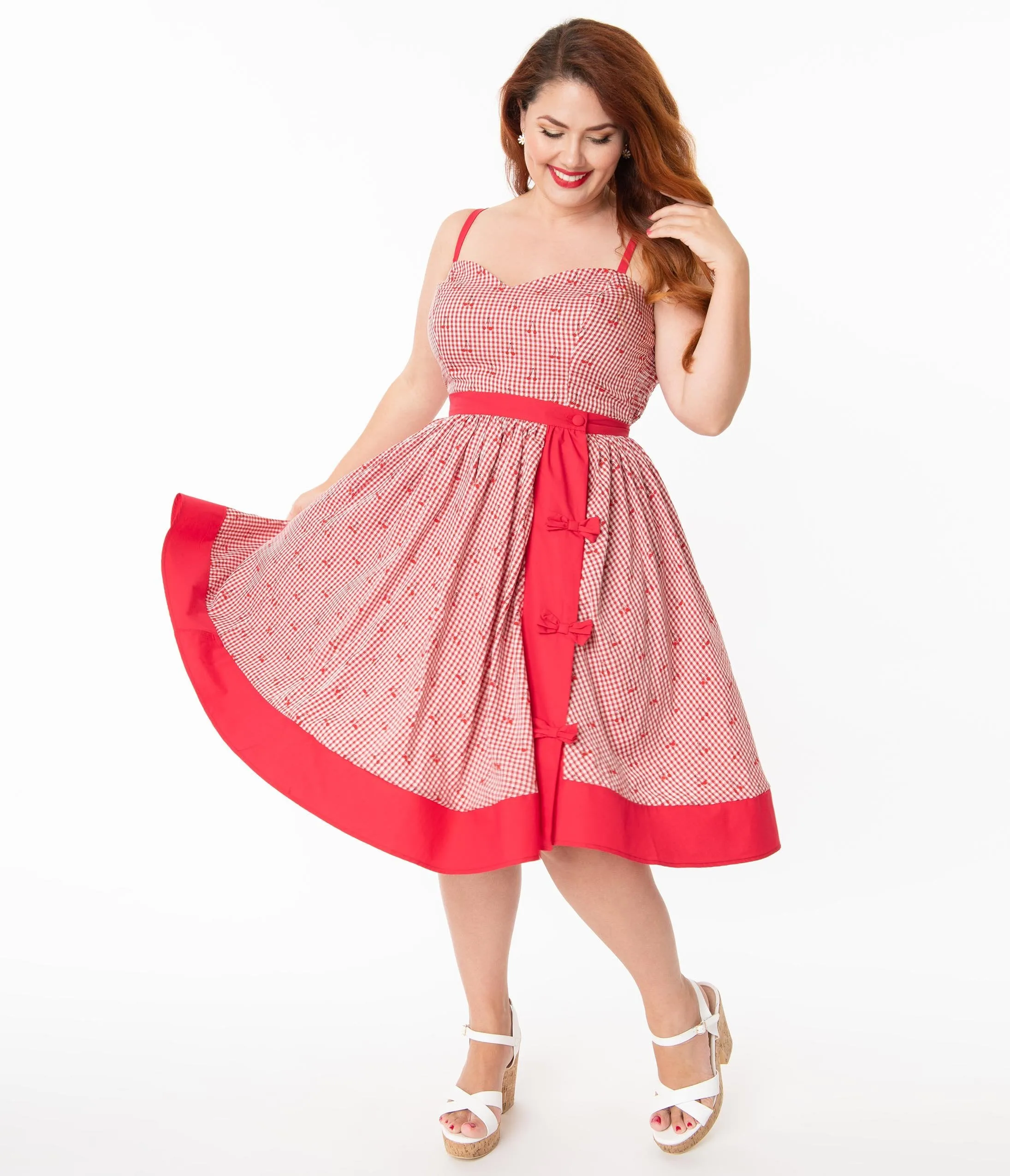 Unique Vintage Plus Size Red Gingham & Cherry Print Rye Swing Skirt