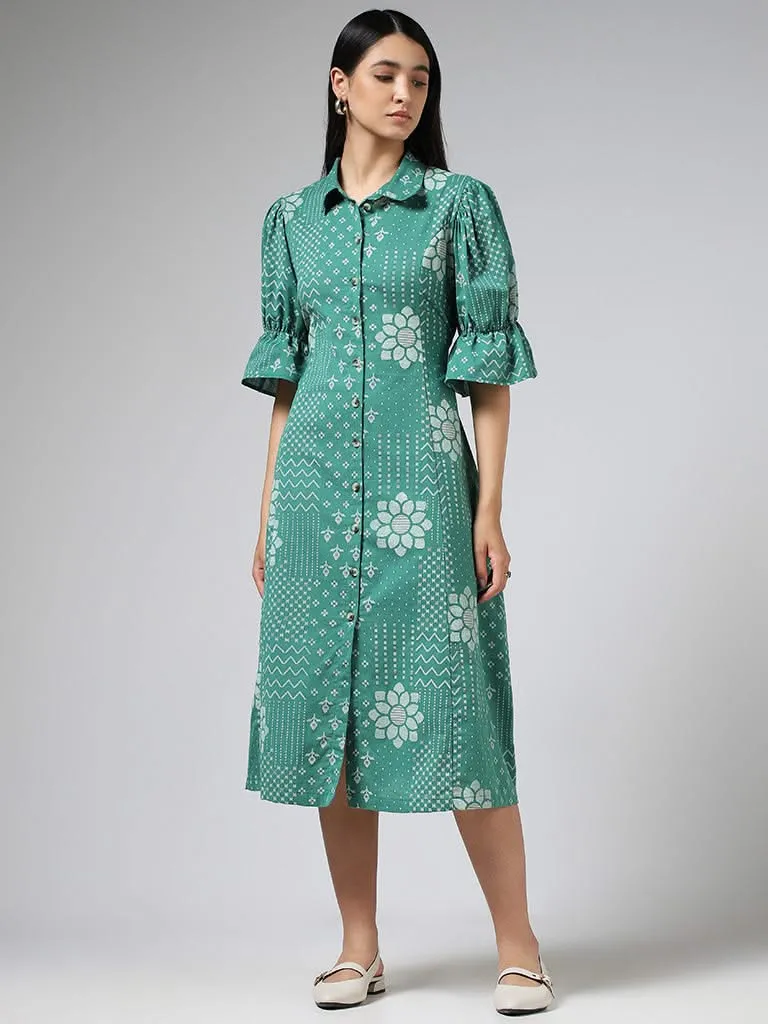 Utsa Green Geometric Patch Printed Shirt Dress