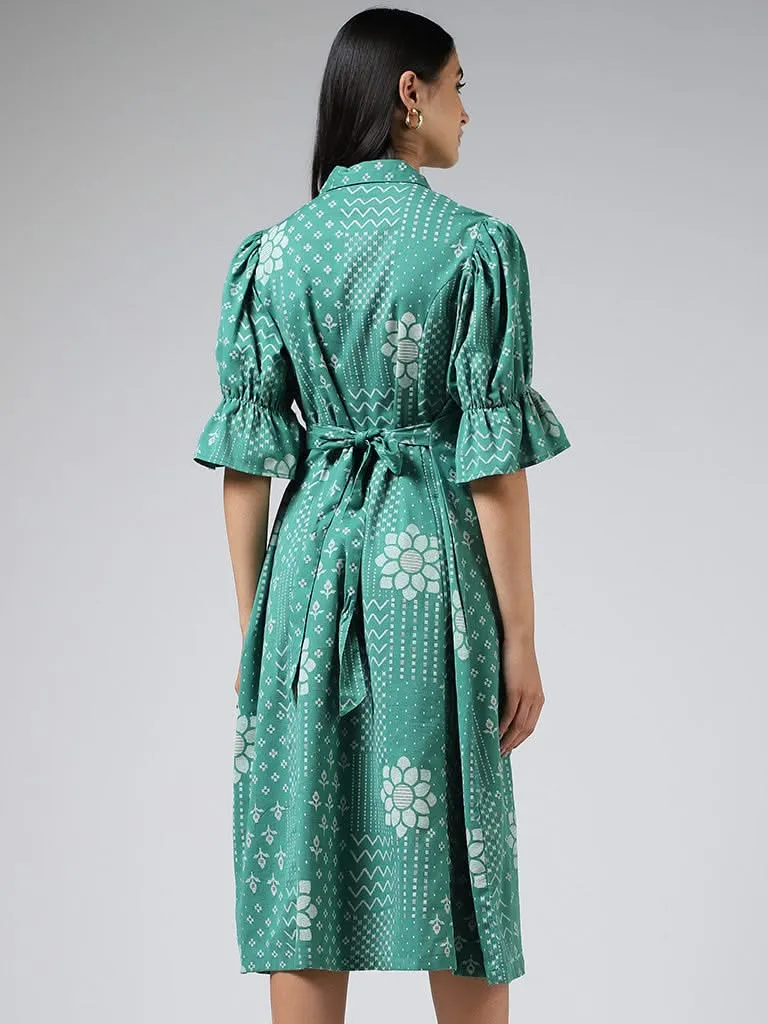 Utsa Green Geometric Patch Printed Shirt Dress