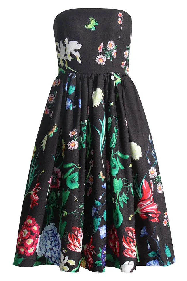 Vintage Floral Printed Fit Flare Strapless Beach Vacation Midi Dress - Black