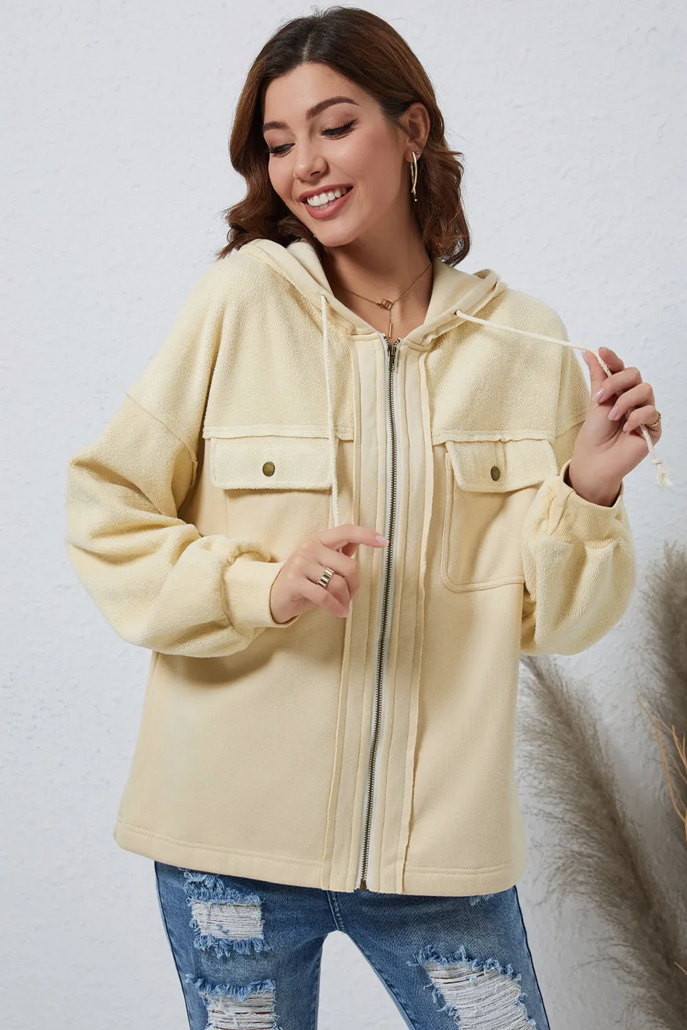 Women's Flap Pocket Drawstring Hooded Zip Up Jacket