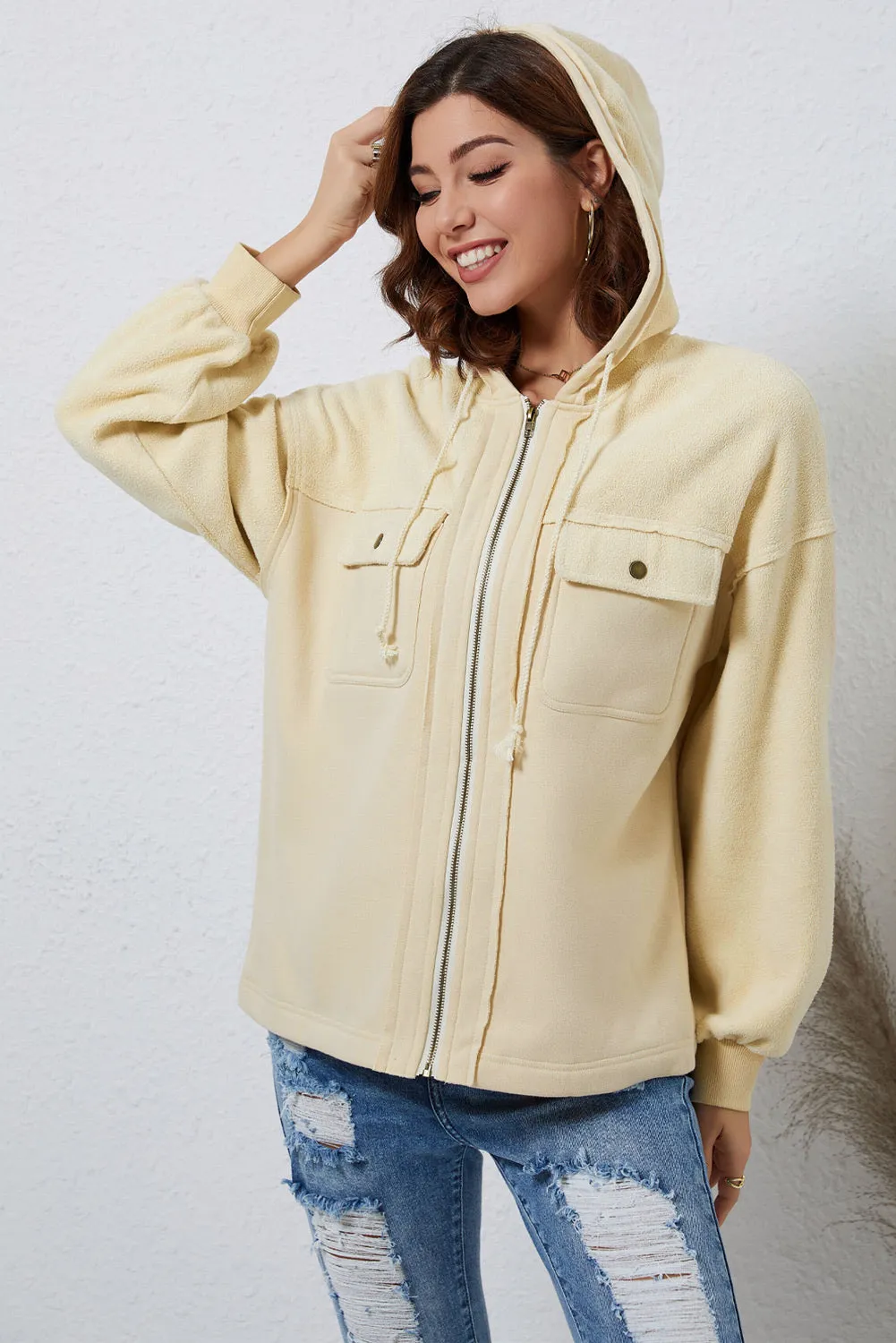 Women's Flap Pocket Drawstring Hooded Zip Up Jacket