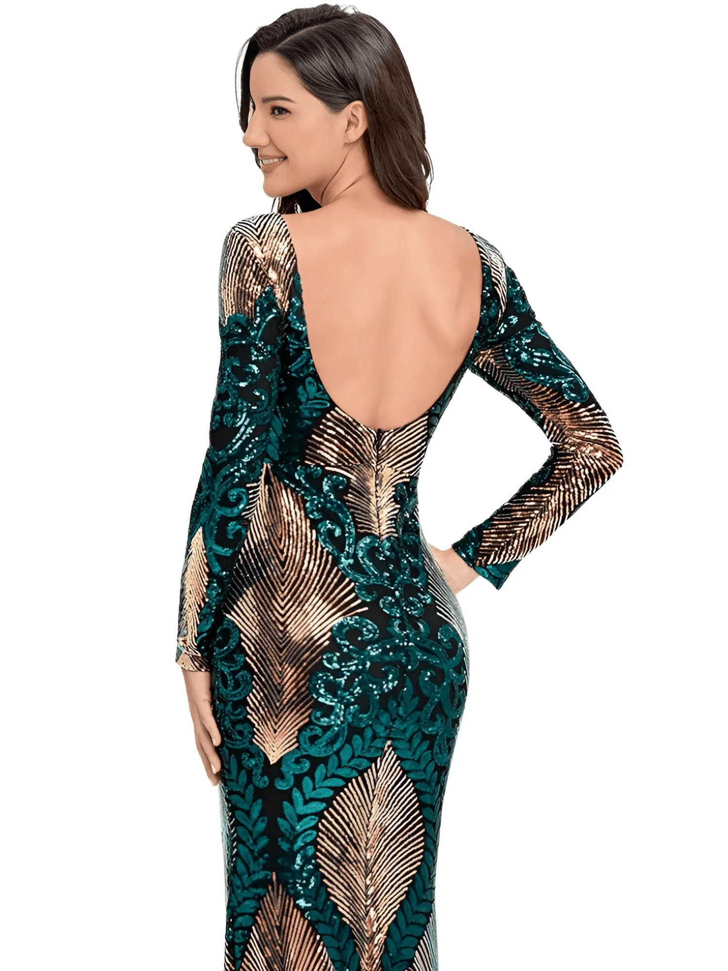 Women's O-Neck Long-Sleeve Shinning Sequins Evening Dress