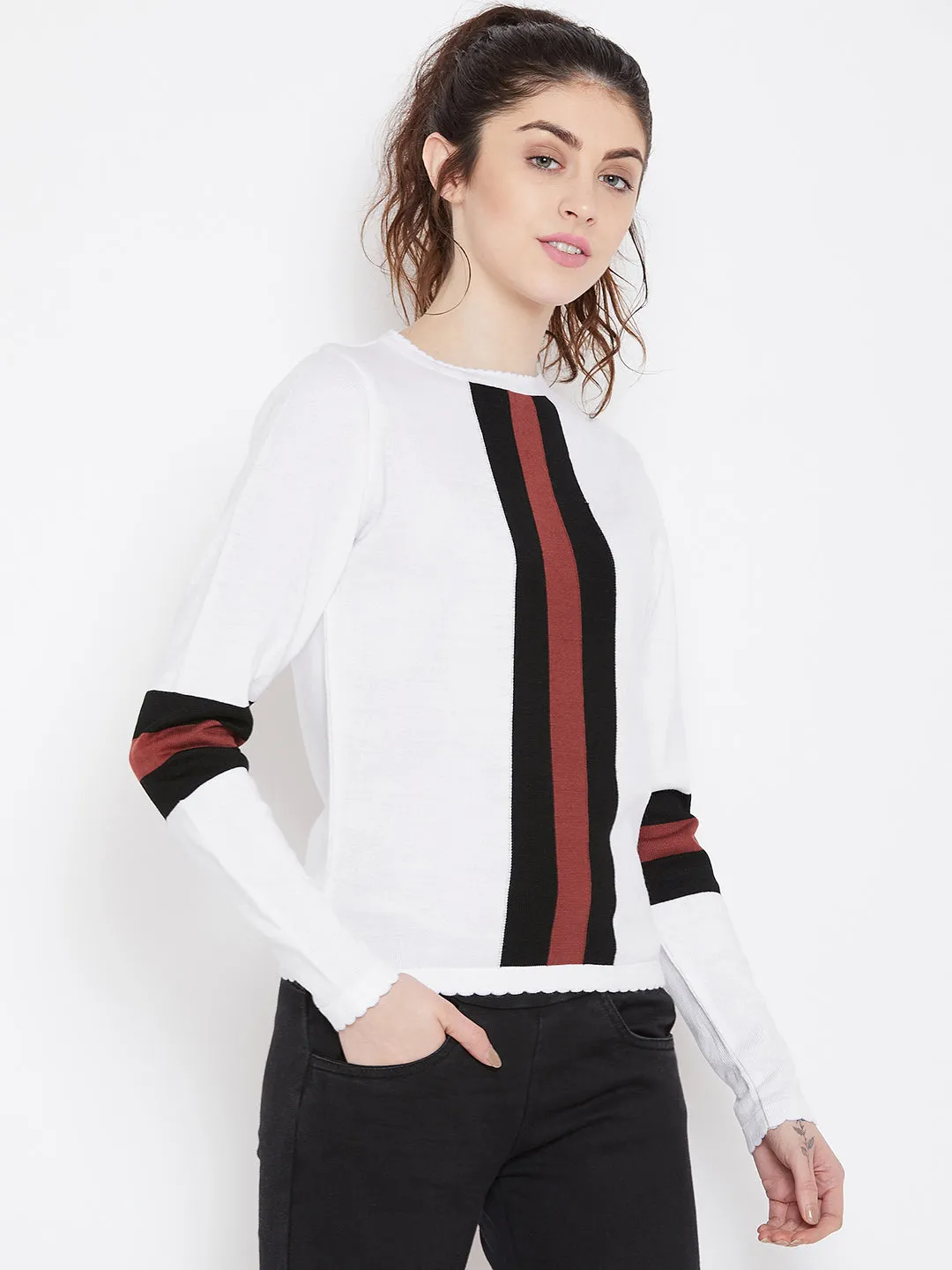 Womens Solid White/Black Sweaters