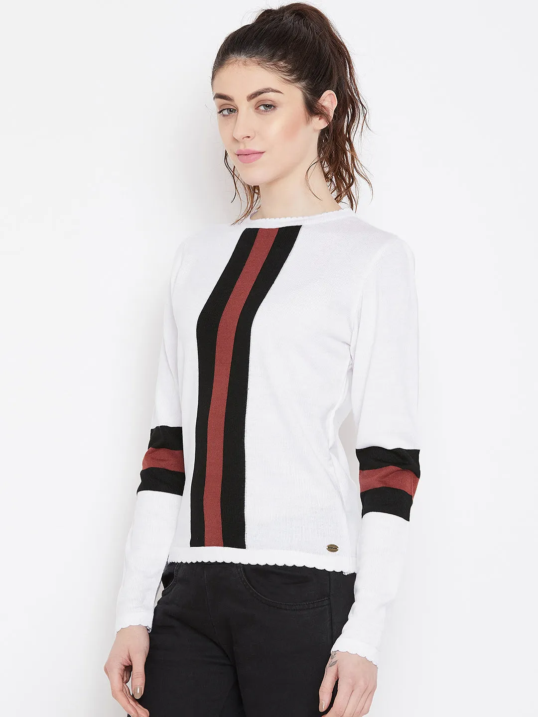 Womens Solid White/Black Sweaters