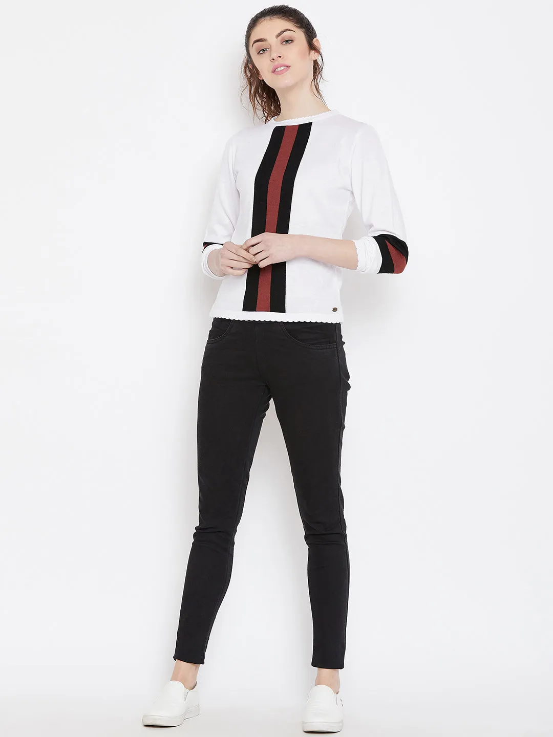 Womens Solid White/Black Sweaters