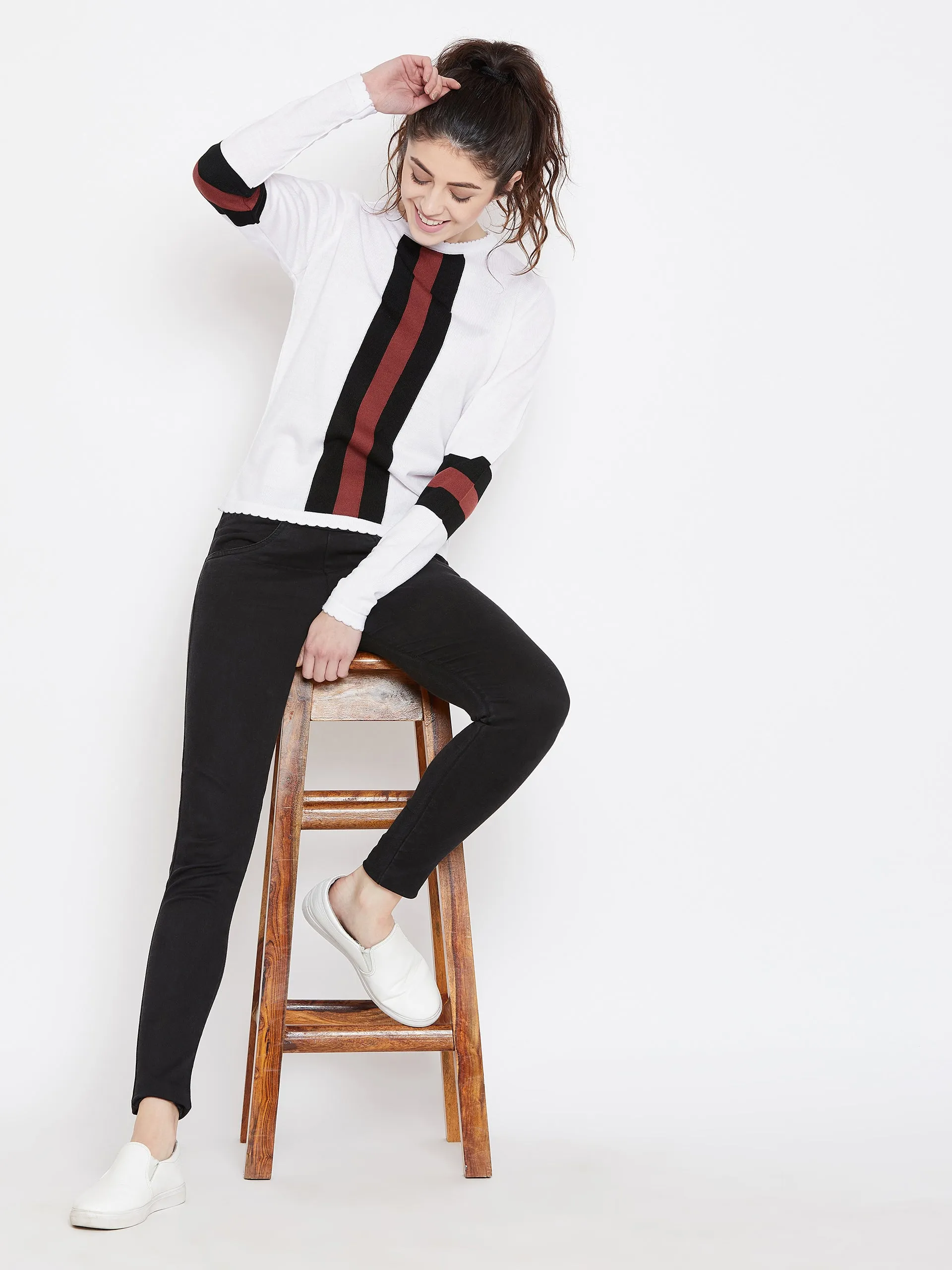 Womens Solid White/Black Sweaters